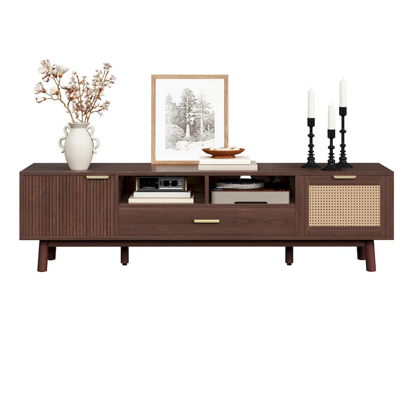 Meuble TV en bois massif brun foncé pour téléviseurs de 75 pouces, console TV avec porte à fermeture amortie et meuble à porte abattante.