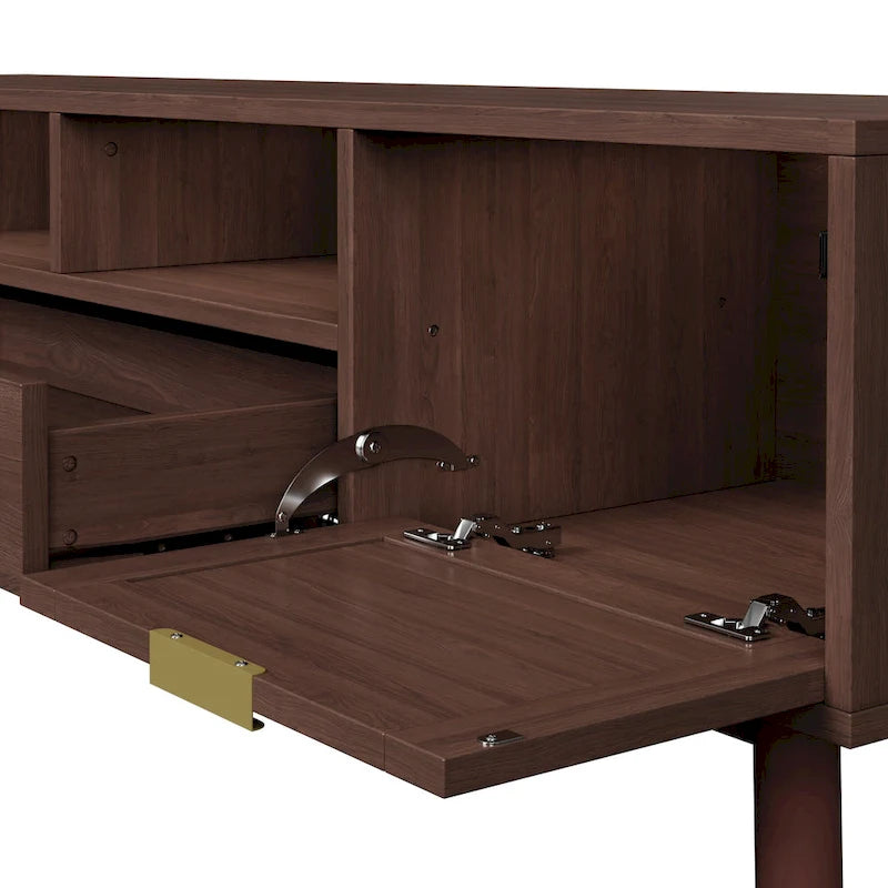 Meuble TV en bois massif brun foncé pour téléviseurs de 75 pouces, console TV avec porte à fermeture amortie et meuble à porte abattante.