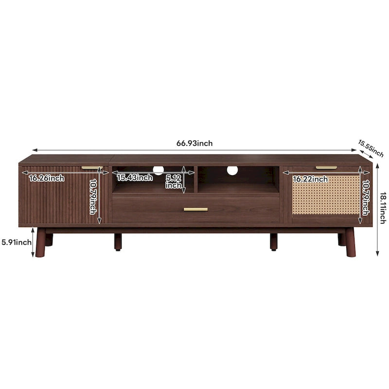 Meuble TV en bois massif brun foncé pour téléviseurs de 75 pouces, console TV avec porte à fermeture amortie et meuble à porte abattante.