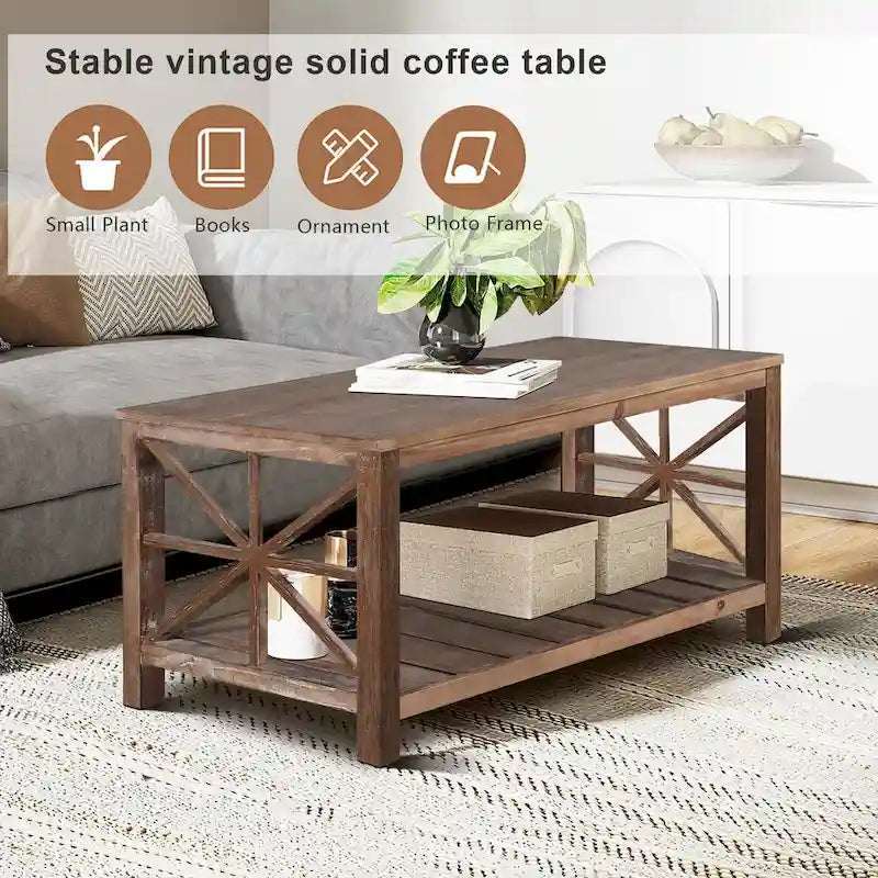 Table basse moderne rectangulaire de salon avec étagères de rangement, pour petit salon marron antique