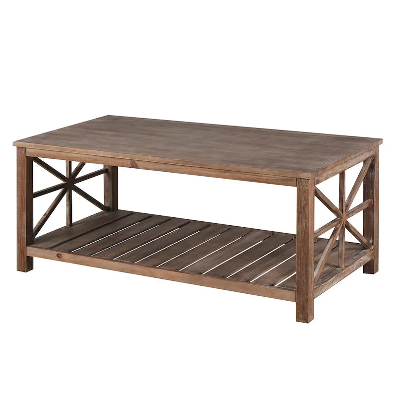 Table basse moderne rectangulaire de salon avec étagères de rangement, pour petit salon marron antique