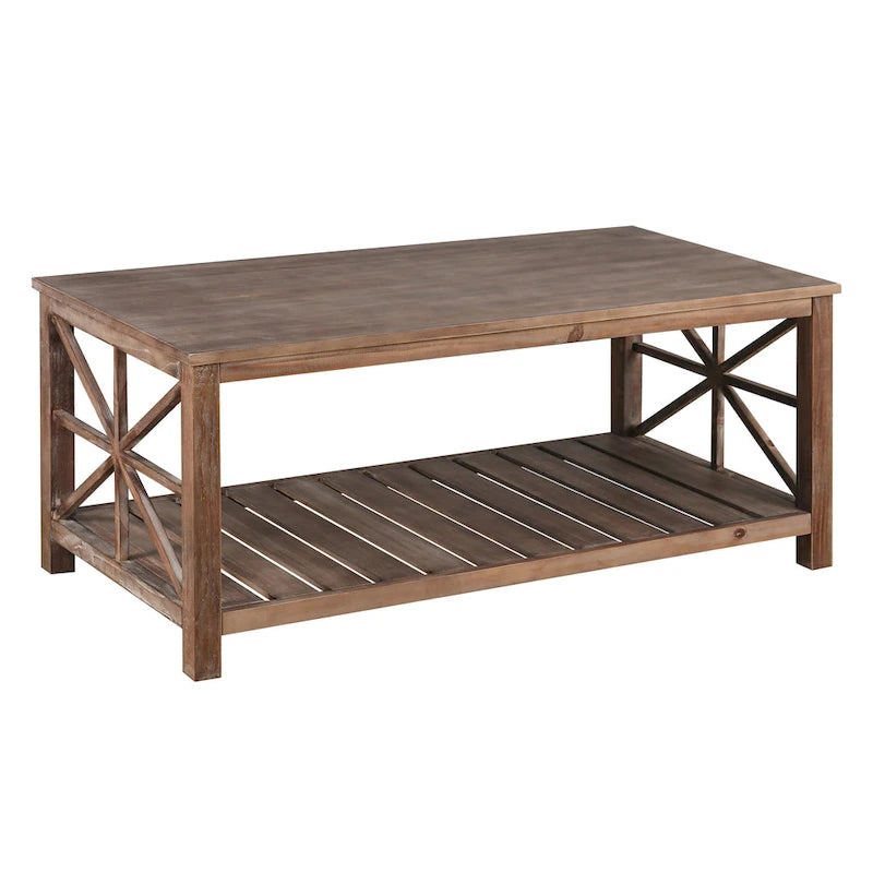 Table basse moderne rectangulaire de salon avec étagères de rangement, pour petit salon marron antique