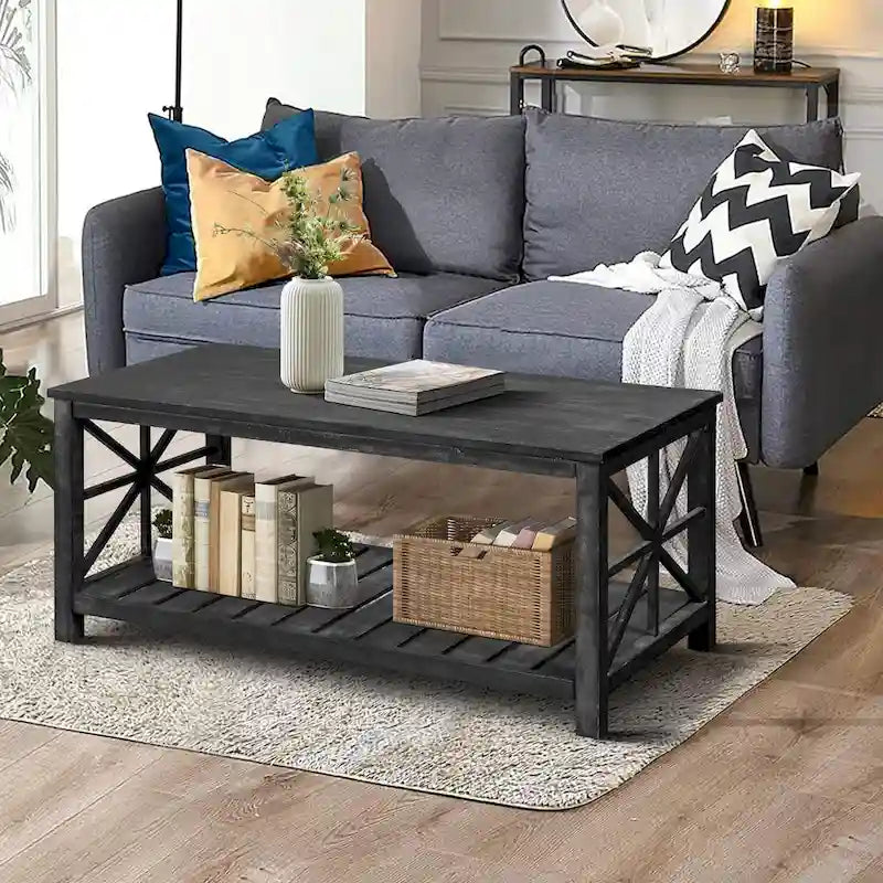Table basse moderne rectangulaire de salon avec étagères de rangement, pour petit salon marron antique
