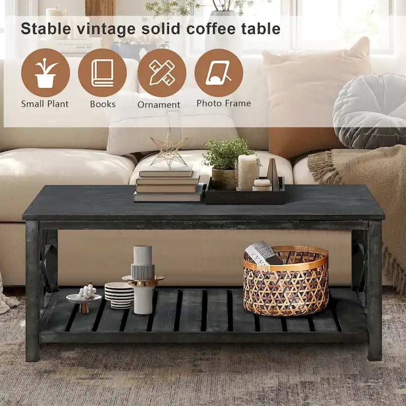 Table basse moderne rectangulaire de salon avec étagères de rangement, pour petit salon marron antique