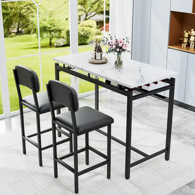 Ensemble Table et Chaises de Bar de Cuisine, Ensemble de Table Hauteur Comptoir 3 Pièces avec Étagères de Rangement et 2 Chaises Rembourrées