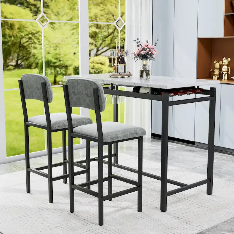 Ensemble Table et Chaises de Bar de Cuisine, Ensemble de Table Hauteur Comptoir 3 Pièces avec Étagères de Rangement et 2 Chaises Rembourrées