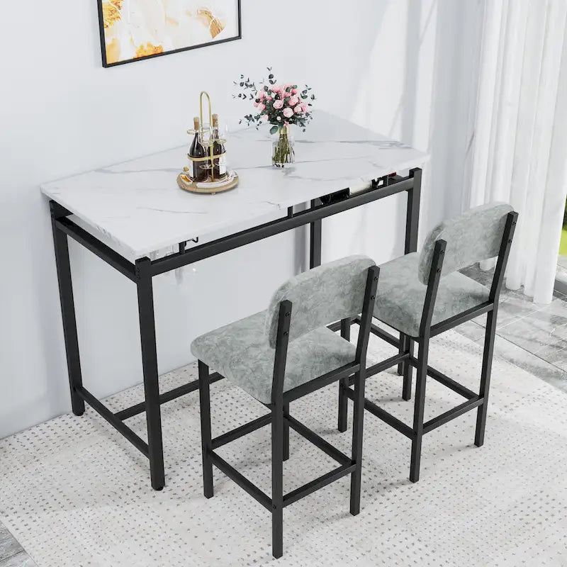 Ensemble Table et Chaises de Bar de Cuisine, Ensemble de Table Hauteur Comptoir 3 Pièces avec Étagères de Rangement et 2 Chaises Rembourrées