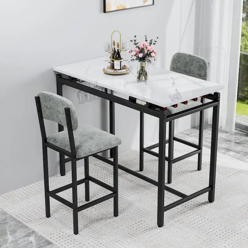 Ensemble Table et Chaises de Bar de Cuisine, Ensemble de Table Hauteur Comptoir 3 Pièces avec Étagères de Rangement et 2 Chaises Rembourrées