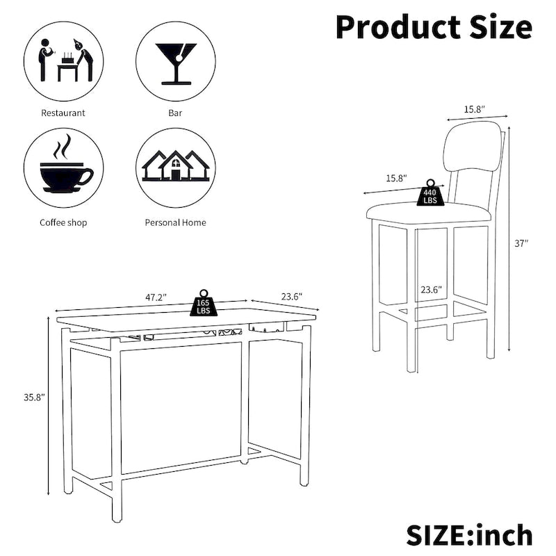 Ensemble Table et Chaises de Bar de Cuisine, Ensemble de Table Hauteur Comptoir 3 Pièces avec Étagères de Rangement et 2 Chaises Rembourrées