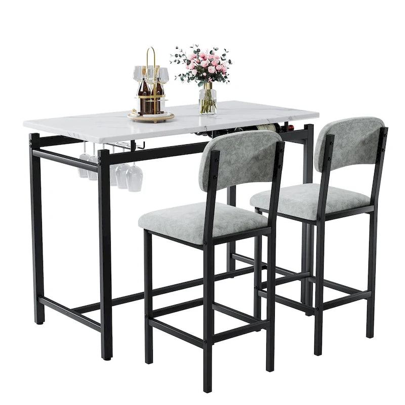 Ensemble Table et Chaises de Bar de Cuisine, Ensemble de Table Hauteur Comptoir 3 Pièces avec Étagères de Rangement et 2 Chaises Rembourrées