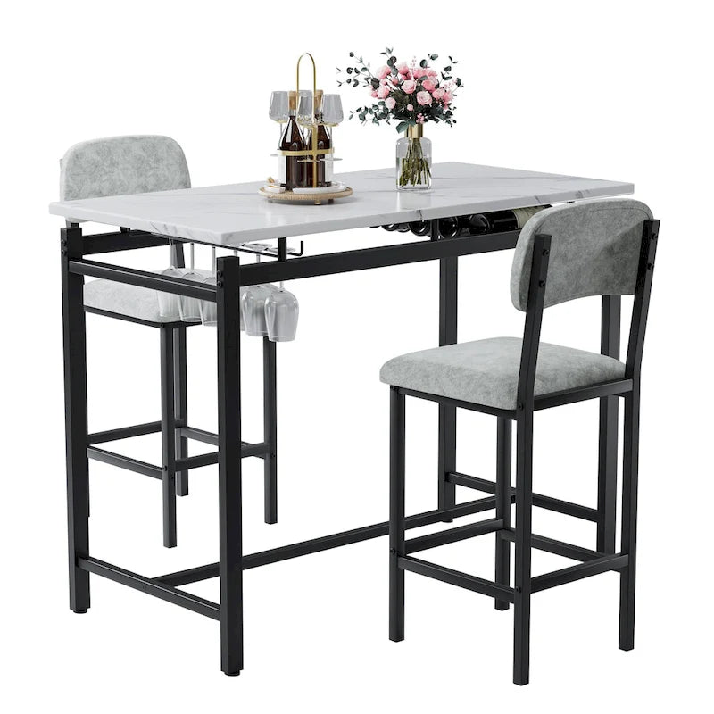 Ensemble Table et Chaises de Bar de Cuisine, Ensemble de Table Hauteur Comptoir 3 Pièces avec Étagères de Rangement et 2 Chaises Rembourrées