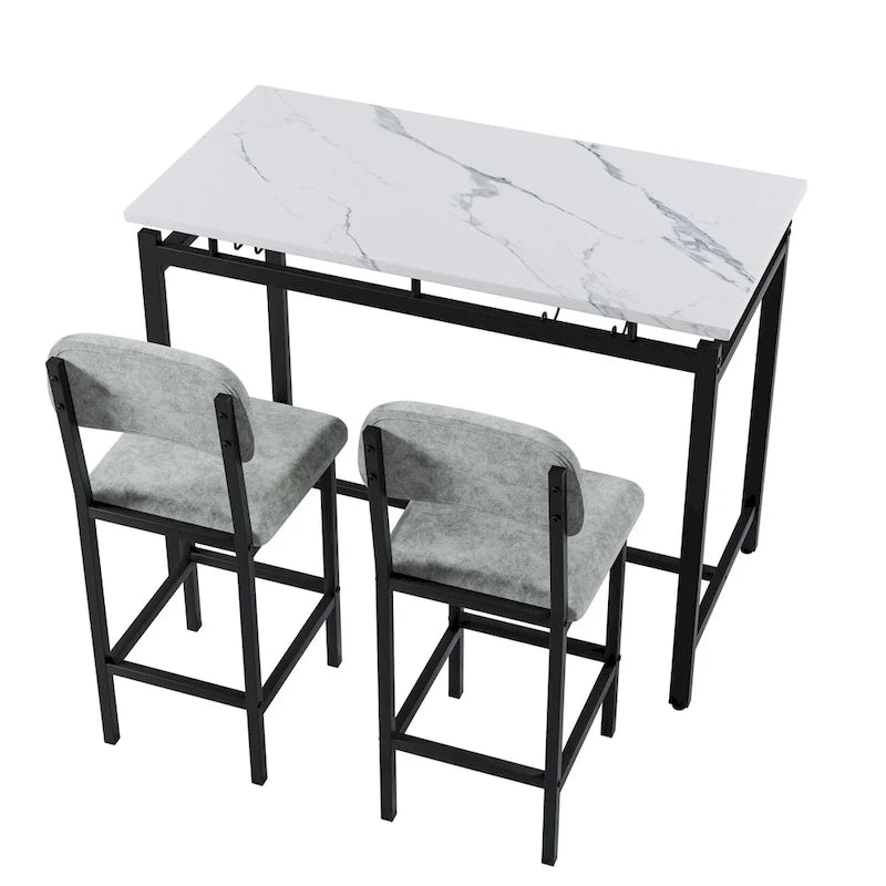 Ensemble Table et Chaises de Bar de Cuisine, Ensemble de Table Hauteur Comptoir 3 Pièces avec Étagères de Rangement et 2 Chaises Rembourrées