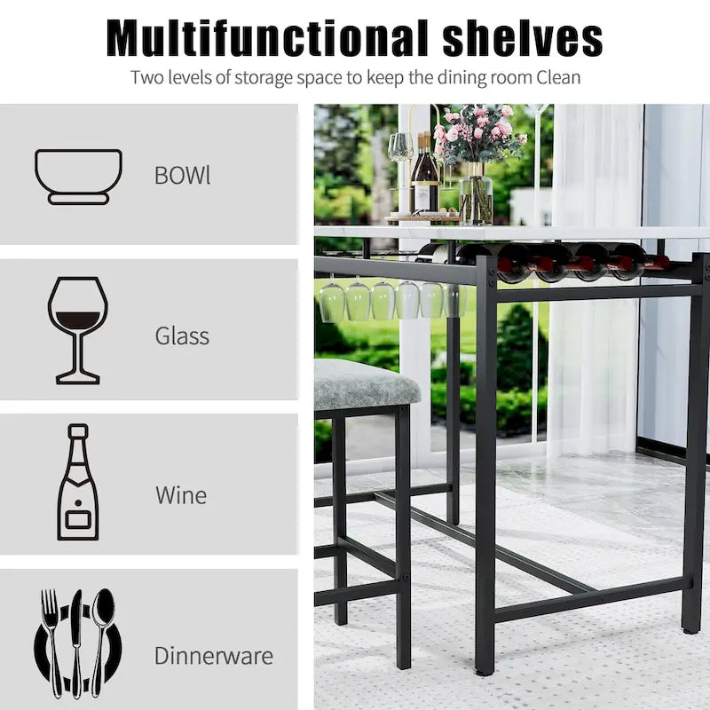 Ensemble Table et Chaises de Bar de Cuisine, Ensemble de Table Hauteur Comptoir 3 Pièces avec Étagères de Rangement et 2 Chaises Rembourrées