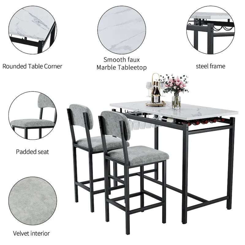 Ensemble Table et Chaises de Bar de Cuisine, Ensemble de Table Hauteur Comptoir 3 Pièces avec Étagères de Rangement et 2 Chaises Rembourrées