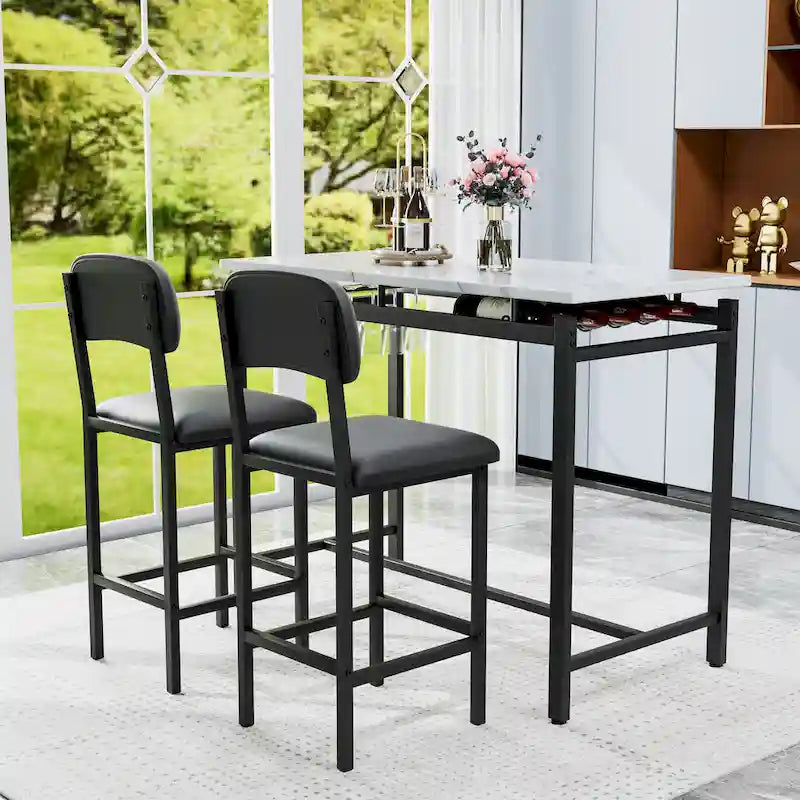 Ensemble Table et Chaises de Bar de Cuisine, Ensemble de Table Hauteur Comptoir 3 Pièces avec Étagères de Rangement et 2 Chaises Rembourrées