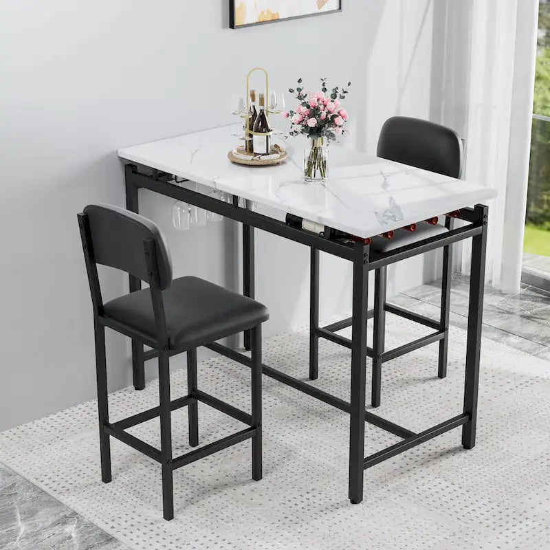 Ensemble Table et Chaises de Bar de Cuisine, Ensemble de Table Hauteur Comptoir 3 Pièces avec Étagères de Rangement et 2 Chaises Rembourrées