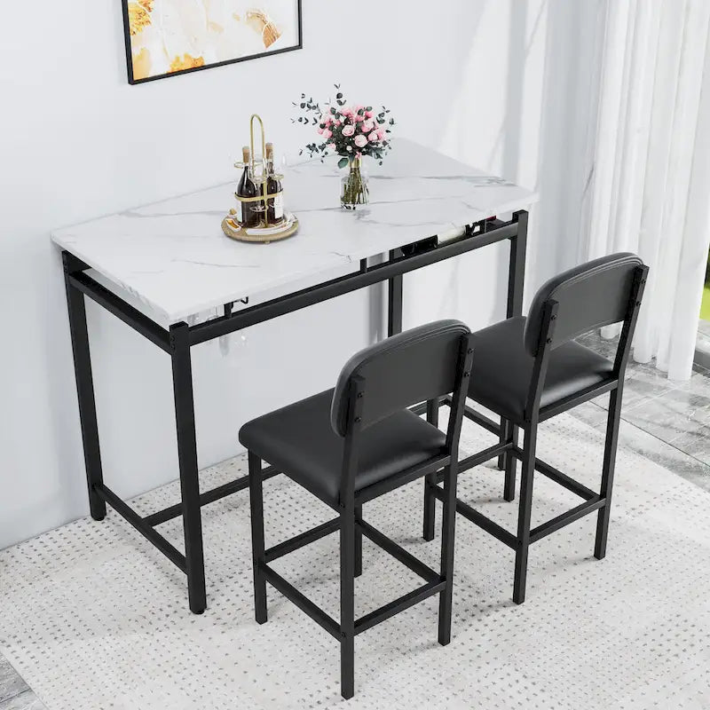Ensemble Table et Chaises de Bar de Cuisine, Ensemble de Table Hauteur Comptoir 3 Pièces avec Étagères de Rangement et 2 Chaises Rembourrées