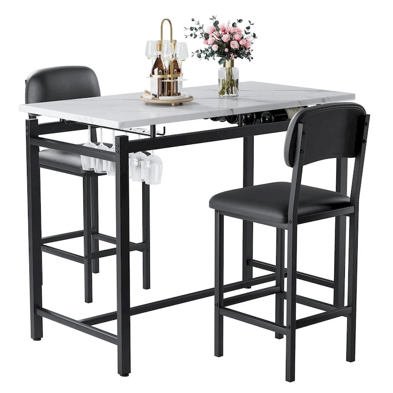 Ensemble Table et Chaises de Bar de Cuisine, Ensemble de Table Hauteur Comptoir 3 Pièces avec Étagères de Rangement et 2 Chaises Rembourrées