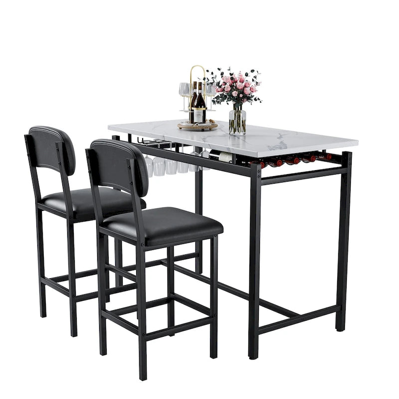 Ensemble Table et Chaises de Bar de Cuisine, Ensemble de Table Hauteur Comptoir 3 Pièces avec Étagères de Rangement et 2 Chaises Rembourrées