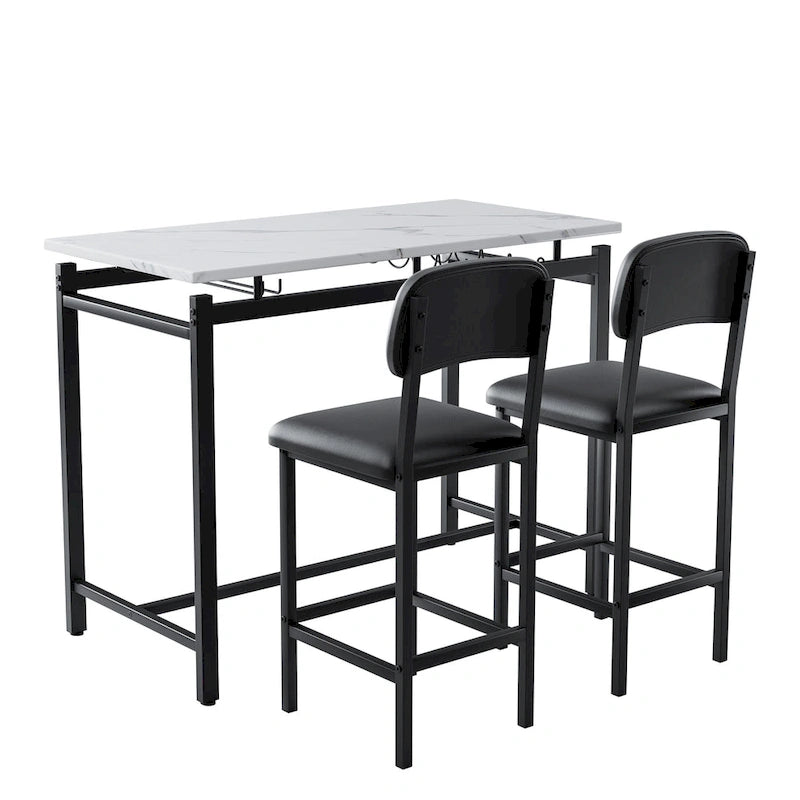 Ensemble Table et Chaises de Bar de Cuisine, Ensemble de Table Hauteur Comptoir 3 Pièces avec Étagères de Rangement et 2 Chaises Rembourrées