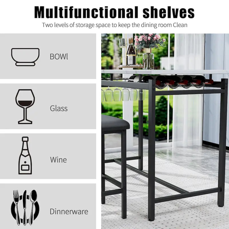 Ensemble Table et Chaises de Bar de Cuisine, Ensemble de Table Hauteur Comptoir 3 Pièces avec Étagères de Rangement et 2 Chaises Rembourrées