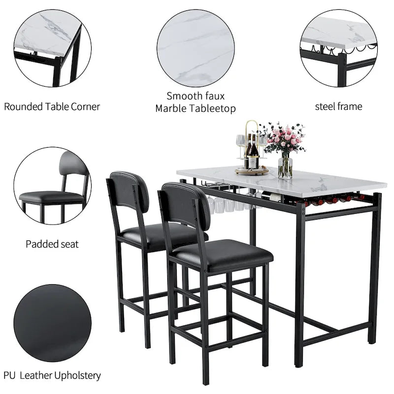 Ensemble Table et Chaises de Bar de Cuisine, Ensemble de Table Hauteur Comptoir 3 Pièces avec Étagères de Rangement et 2 Chaises Rembourrées
