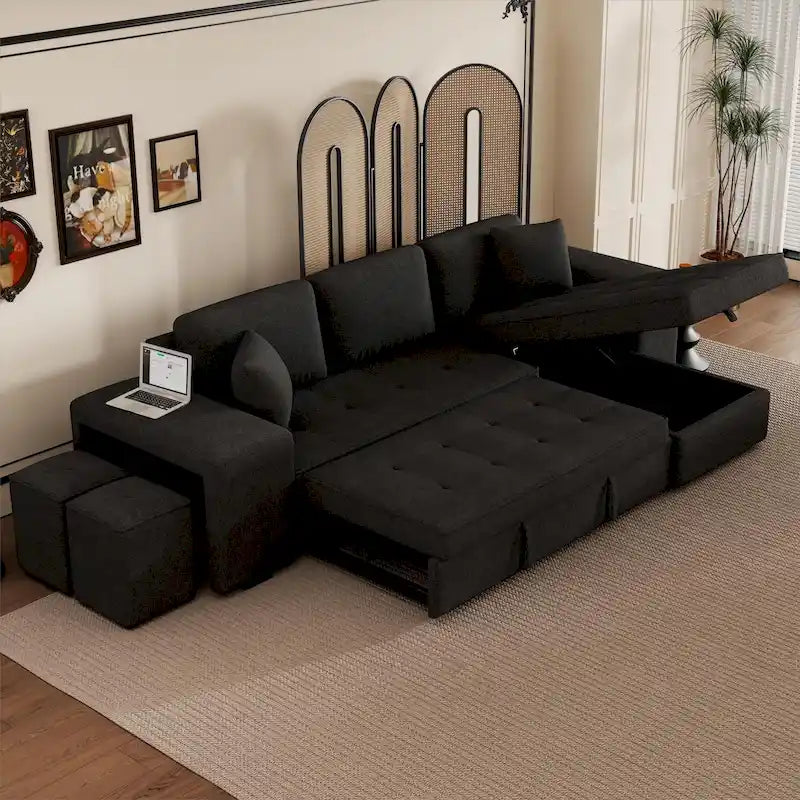 Canapé sectionnel moderne réversible en L 3 places Roomfitters, avec couchage escamotable, méridienne de rangement et deux tabourets