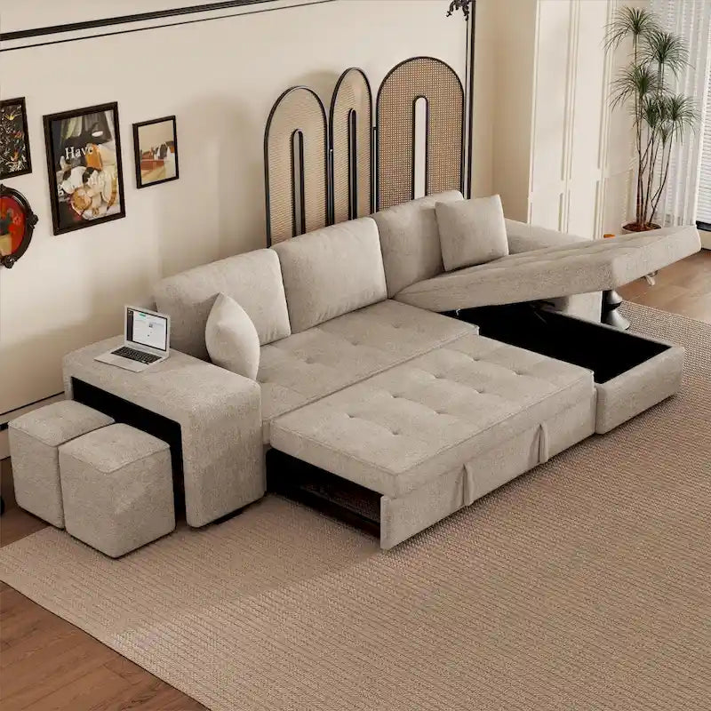 Roomfitters 3-Seater Modern L-Shape Reversible Sectional Couch, Pull-Out Sleeper Sofa with Storage Chaise and Two Stools