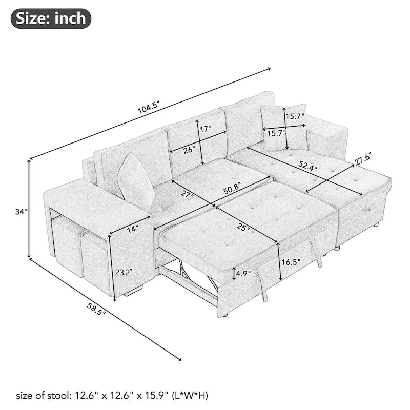 Canapé sectionnel moderne réversible en L 3 places Roomfitters, avec couchage escamotable, méridienne de rangement et deux tabourets