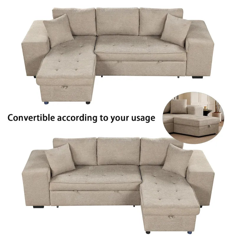 Canapé sectionnel moderne réversible en L 3 places Roomfitters, avec couchage escamotable, méridienne de rangement et deux tabourets