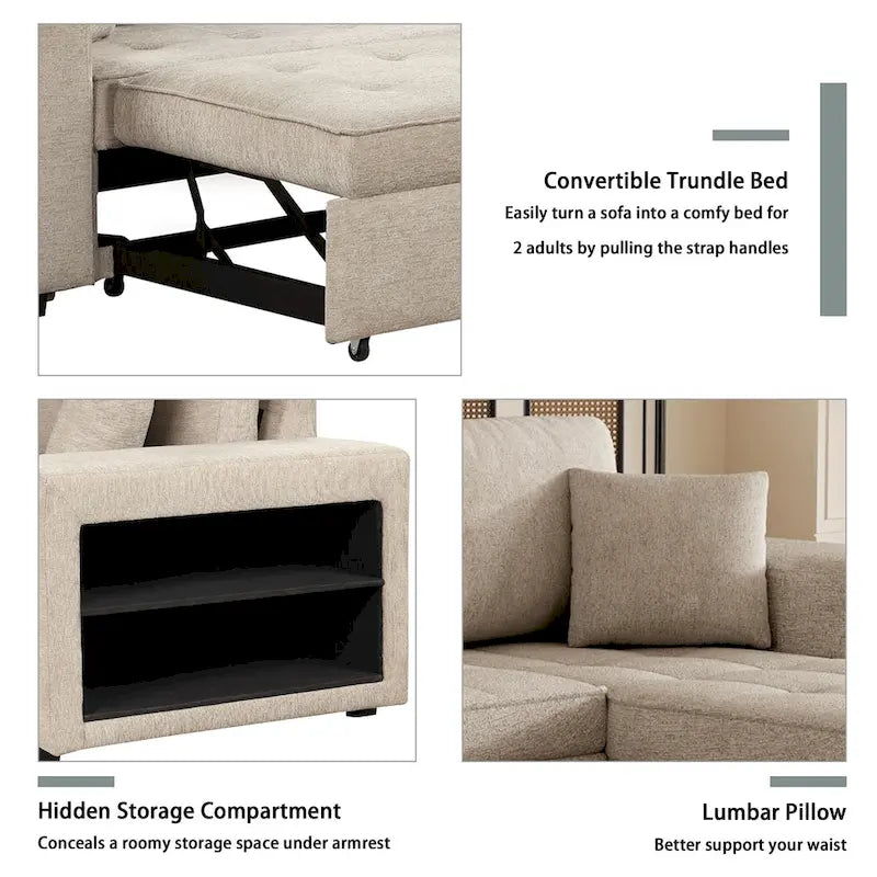 Canapé sectionnel moderne réversible en L 3 places Roomfitters, avec couchage escamotable, méridienne de rangement et deux tabourets