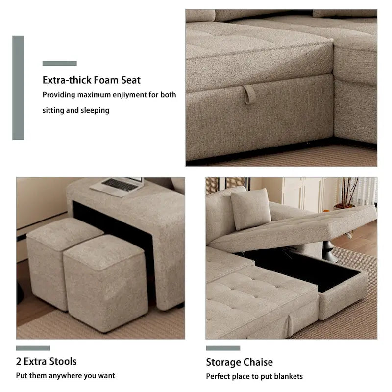 Canapé sectionnel moderne réversible en L 3 places Roomfitters, avec couchage escamotable, méridienne de rangement et deux tabourets