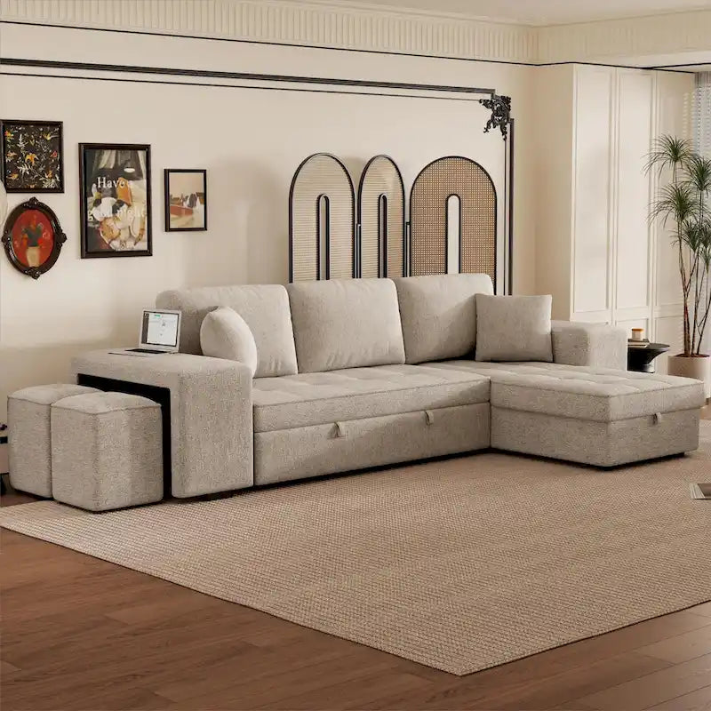 Canapé sectionnel moderne réversible en L 3 places Roomfitters, avec couchage escamotable, méridienne de rangement et deux tabourets