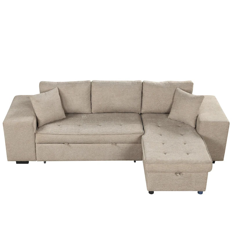 Canapé sectionnel moderne réversible en L 3 places Roomfitters, avec couchage escamotable, méridienne de rangement et deux tabourets