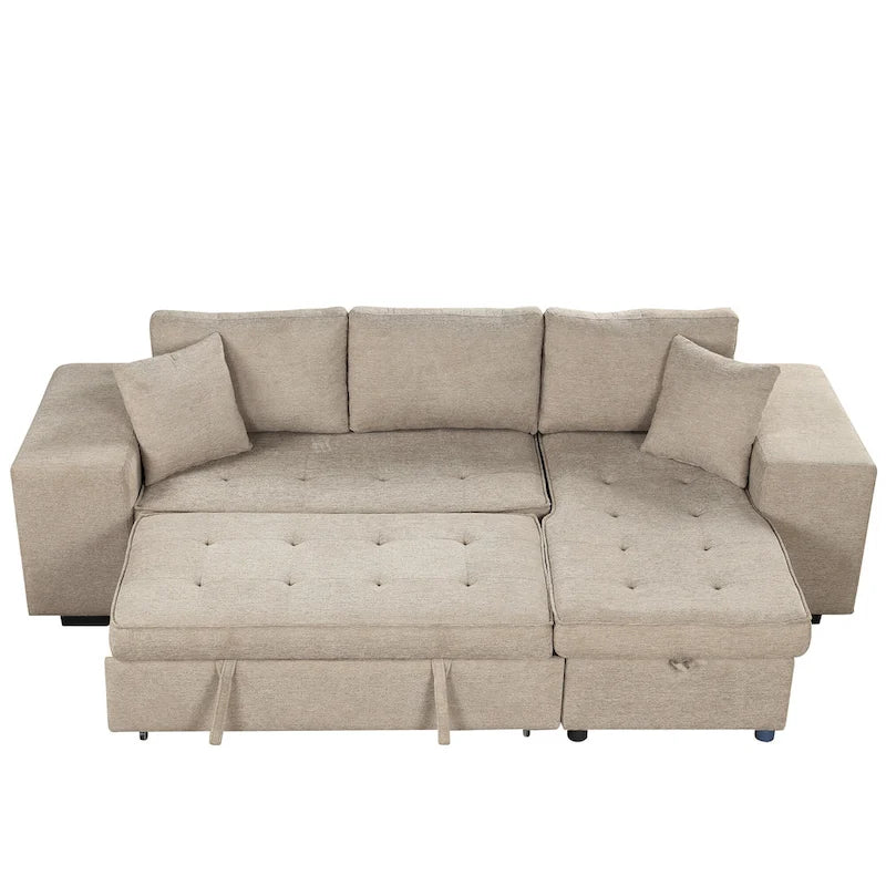 Canapé sectionnel moderne réversible en L 3 places Roomfitters, avec couchage escamotable, méridienne de rangement et deux tabourets