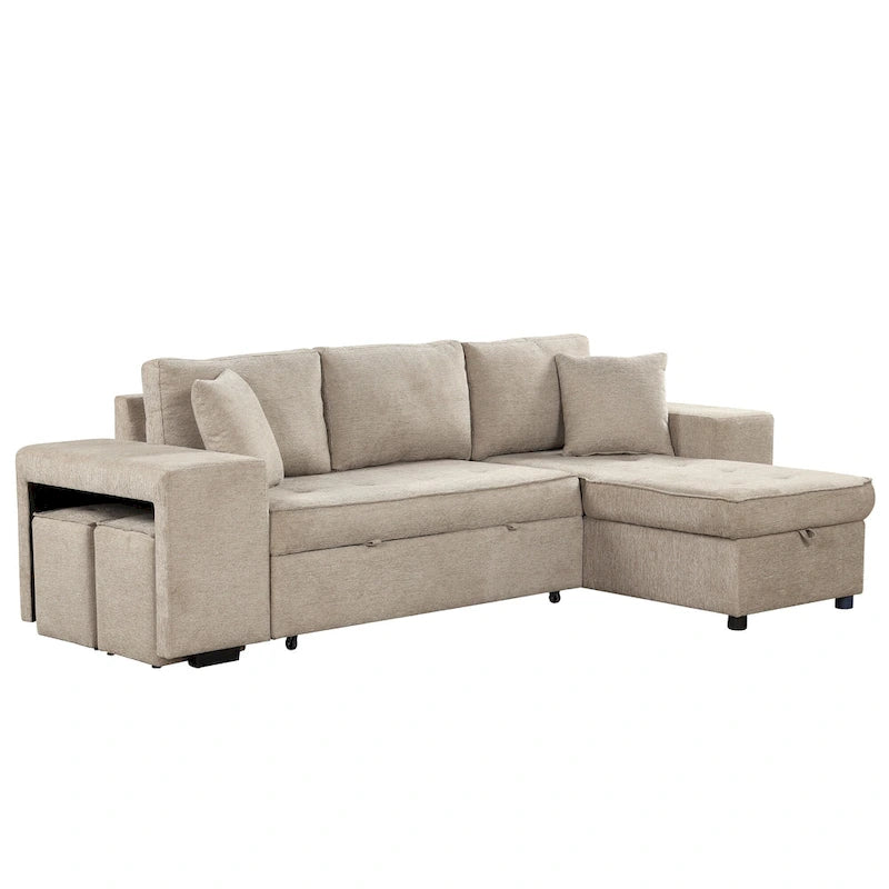 Canapé sectionnel moderne réversible en L 3 places Roomfitters, avec couchage escamotable, méridienne de rangement et deux tabourets