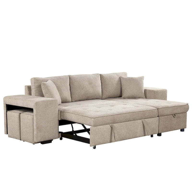 Canapé sectionnel moderne réversible en L 3 places Roomfitters, avec couchage escamotable, méridienne de rangement et deux tabourets