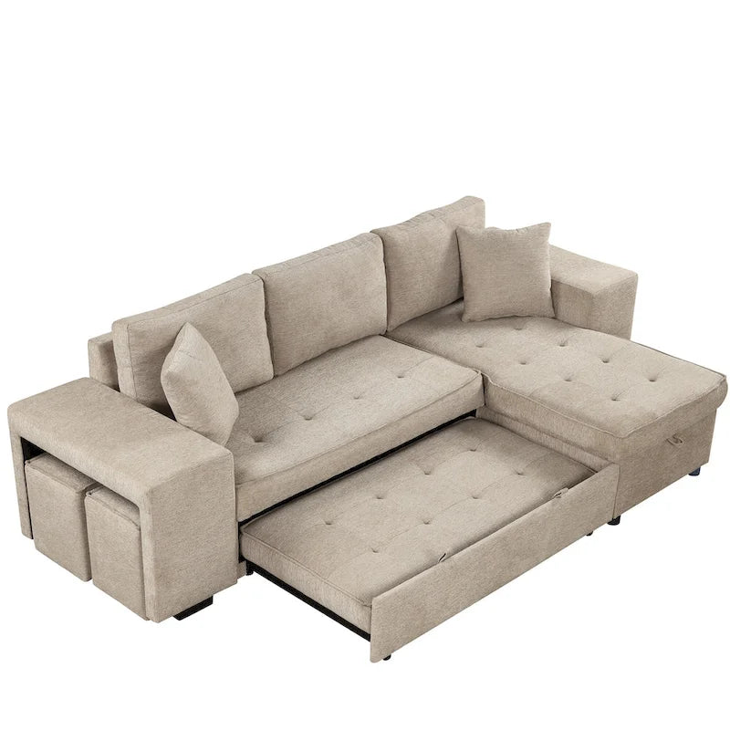 Canapé sectionnel moderne réversible en L 3 places Roomfitters, avec couchage escamotable, méridienne de rangement et deux tabourets