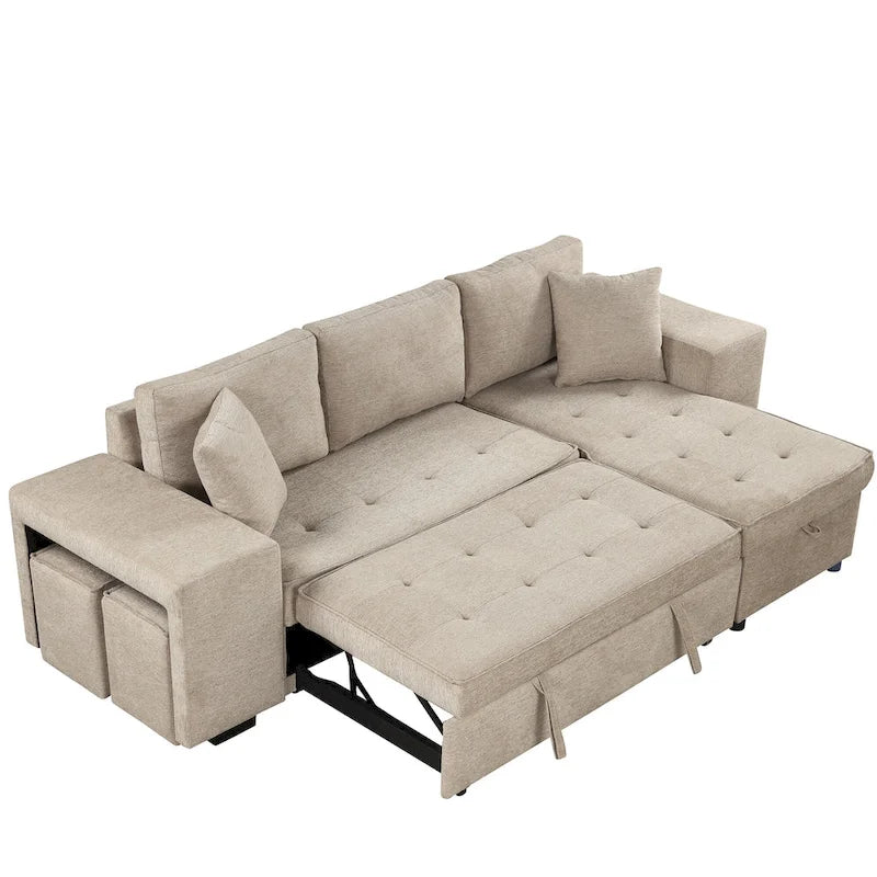 Canapé sectionnel moderne réversible en L 3 places Roomfitters, avec couchage escamotable, méridienne de rangement et deux tabourets