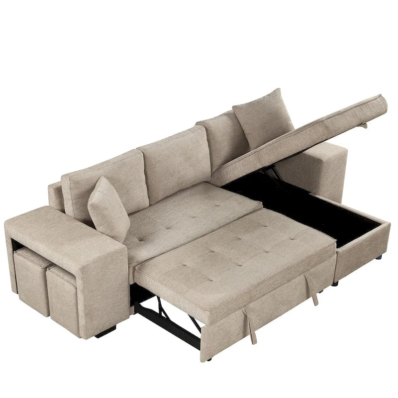 Canapé sectionnel moderne réversible en L 3 places Roomfitters, avec couchage escamotable, méridienne de rangement et deux tabourets