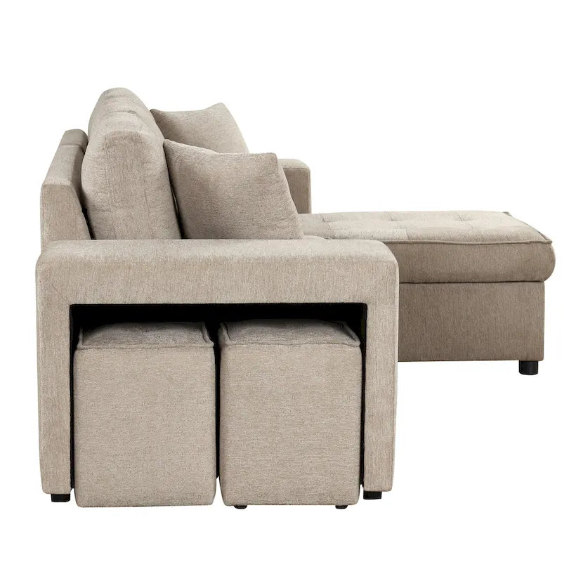 Canapé sectionnel moderne réversible en L 3 places Roomfitters, avec couchage escamotable, méridienne de rangement et deux tabourets