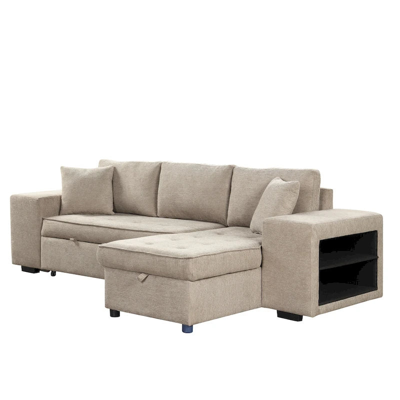 Canapé sectionnel moderne réversible en L 3 places Roomfitters, avec couchage escamotable, méridienne de rangement et deux tabourets