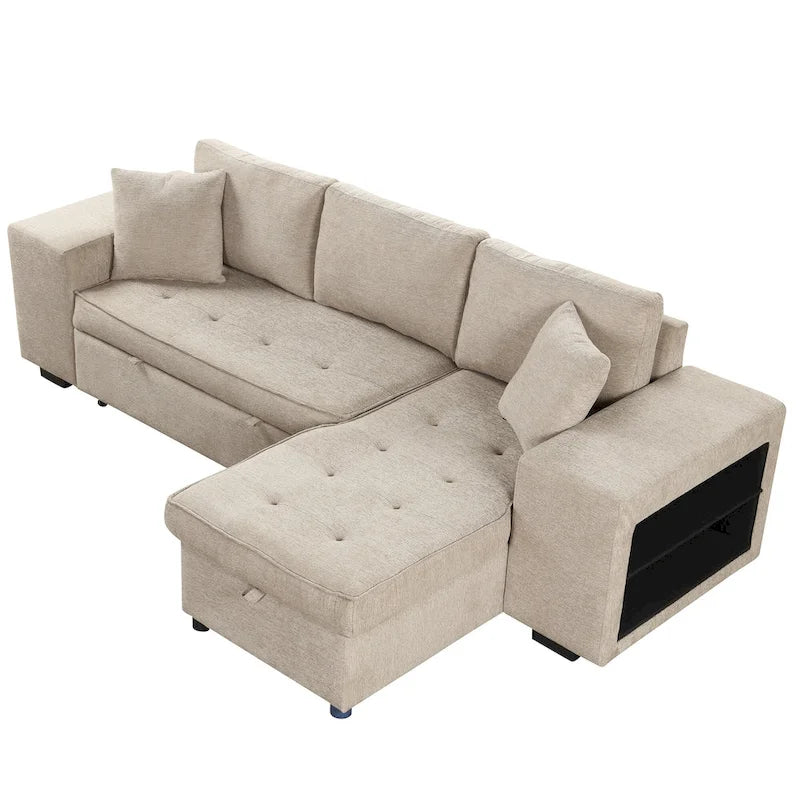 Canapé sectionnel moderne réversible en L 3 places Roomfitters, avec couchage escamotable, méridienne de rangement et deux tabourets