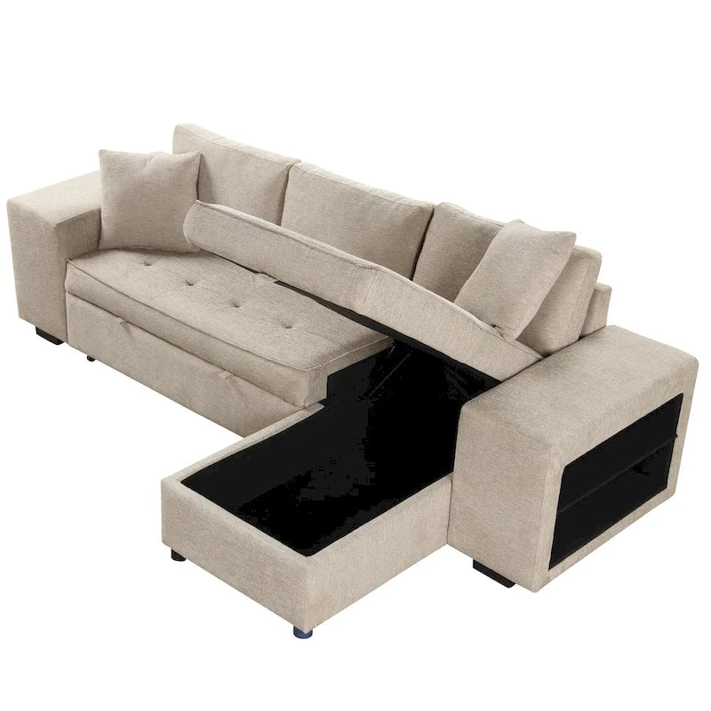 Canapé sectionnel moderne réversible en L 3 places Roomfitters, avec couchage escamotable, méridienne de rangement et deux tabourets