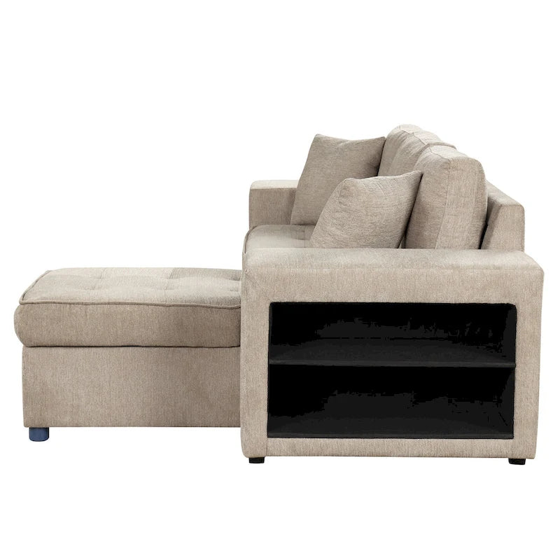 Canapé sectionnel moderne réversible en L 3 places Roomfitters, avec couchage escamotable, méridienne de rangement et deux tabourets
