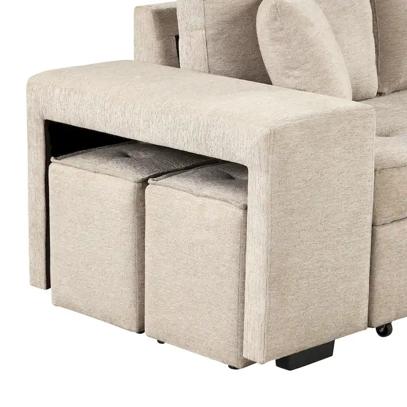 Canapé sectionnel moderne réversible en L 3 places Roomfitters, avec couchage escamotable, méridienne de rangement et deux tabourets