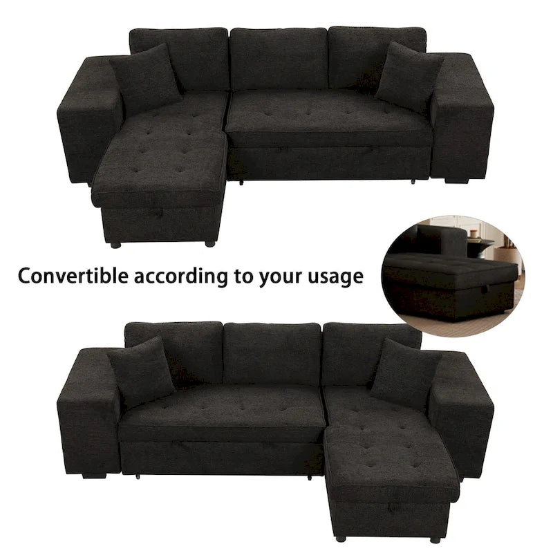 Canapé sectionnel moderne réversible en L 3 places Roomfitters, avec couchage escamotable, méridienne de rangement et deux tabourets