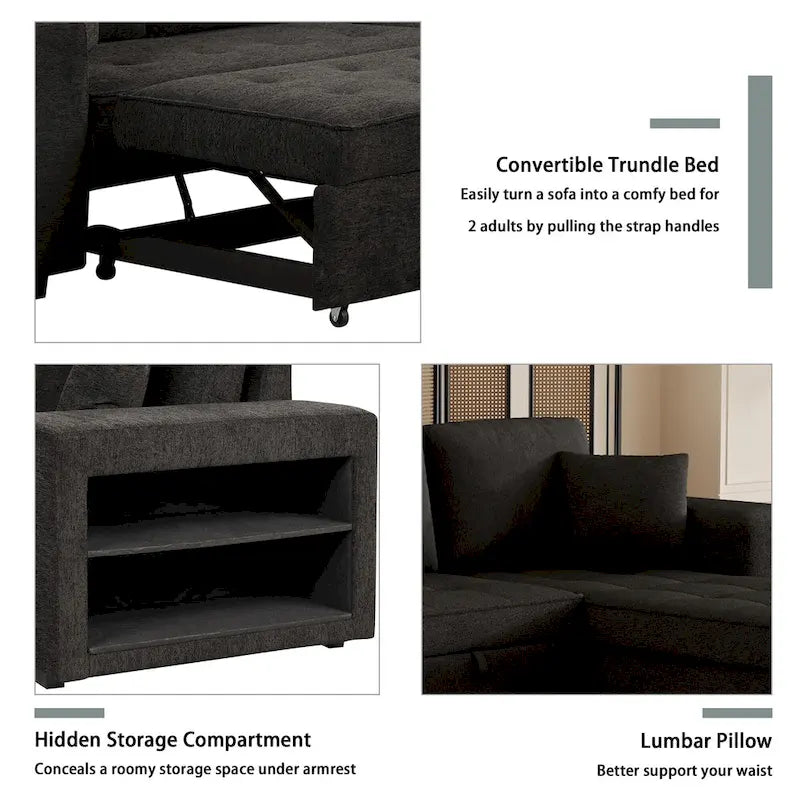 Canapé sectionnel moderne réversible en L 3 places Roomfitters, avec couchage escamotable, méridienne de rangement et deux tabourets
