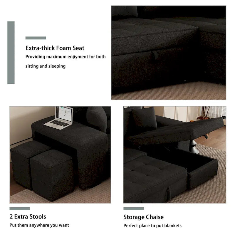 Canapé sectionnel moderne réversible en L 3 places Roomfitters, avec couchage escamotable, méridienne de rangement et deux tabourets