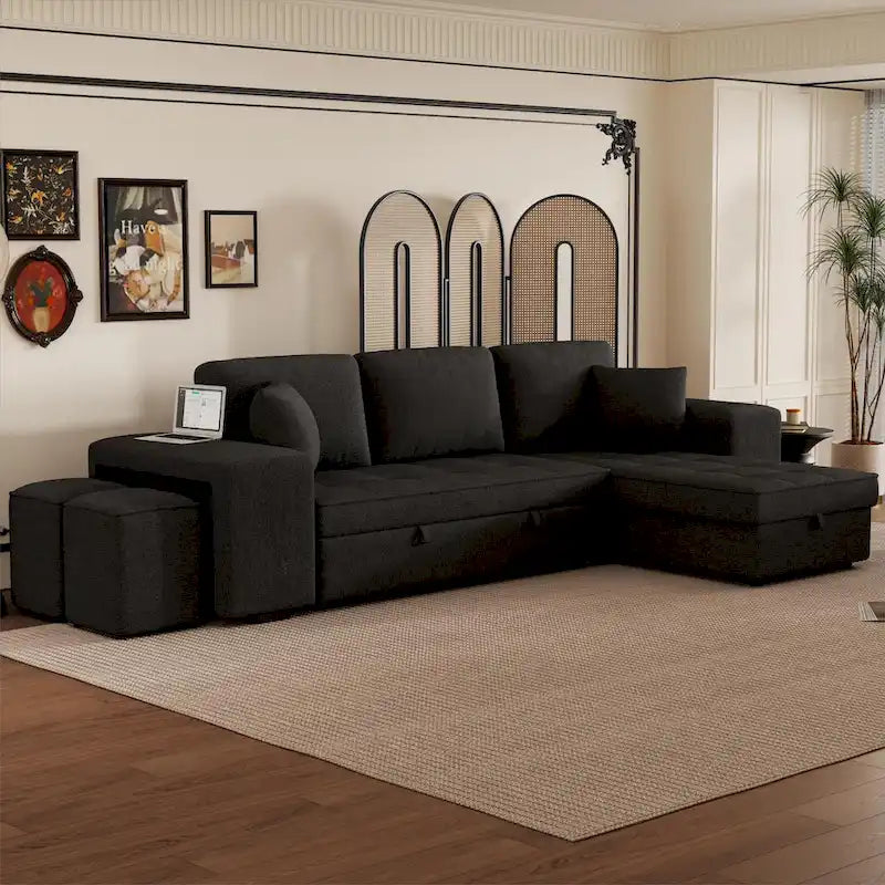 Canapé sectionnel moderne réversible en L 3 places Roomfitters, avec couchage escamotable, méridienne de rangement et deux tabourets